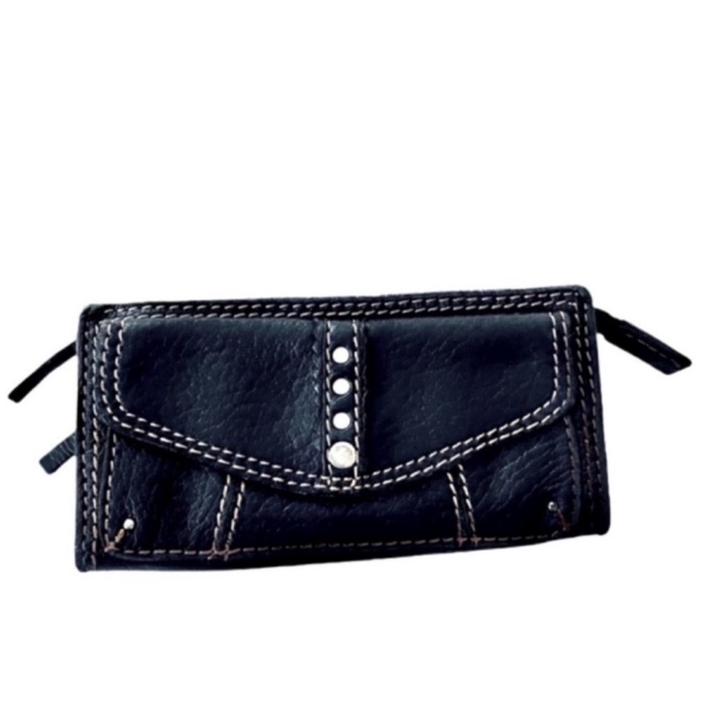 Lucky Brand Full Size Leather Wallet Flap & Zipper Closures Black Pink Silver